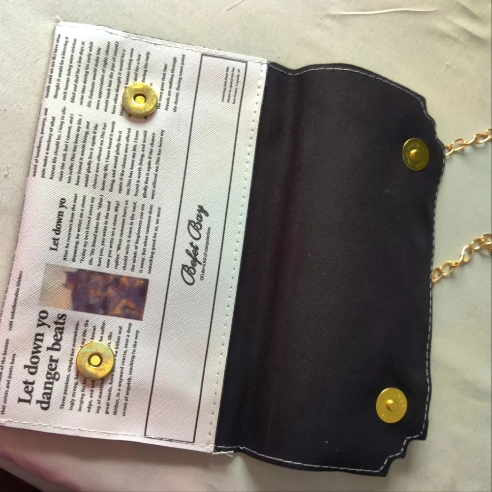 Newspaper Print Flap Crossbody Purse, Clutch, Snap Added Gold Chain New! 8" X 5" - Picture 14 of 17